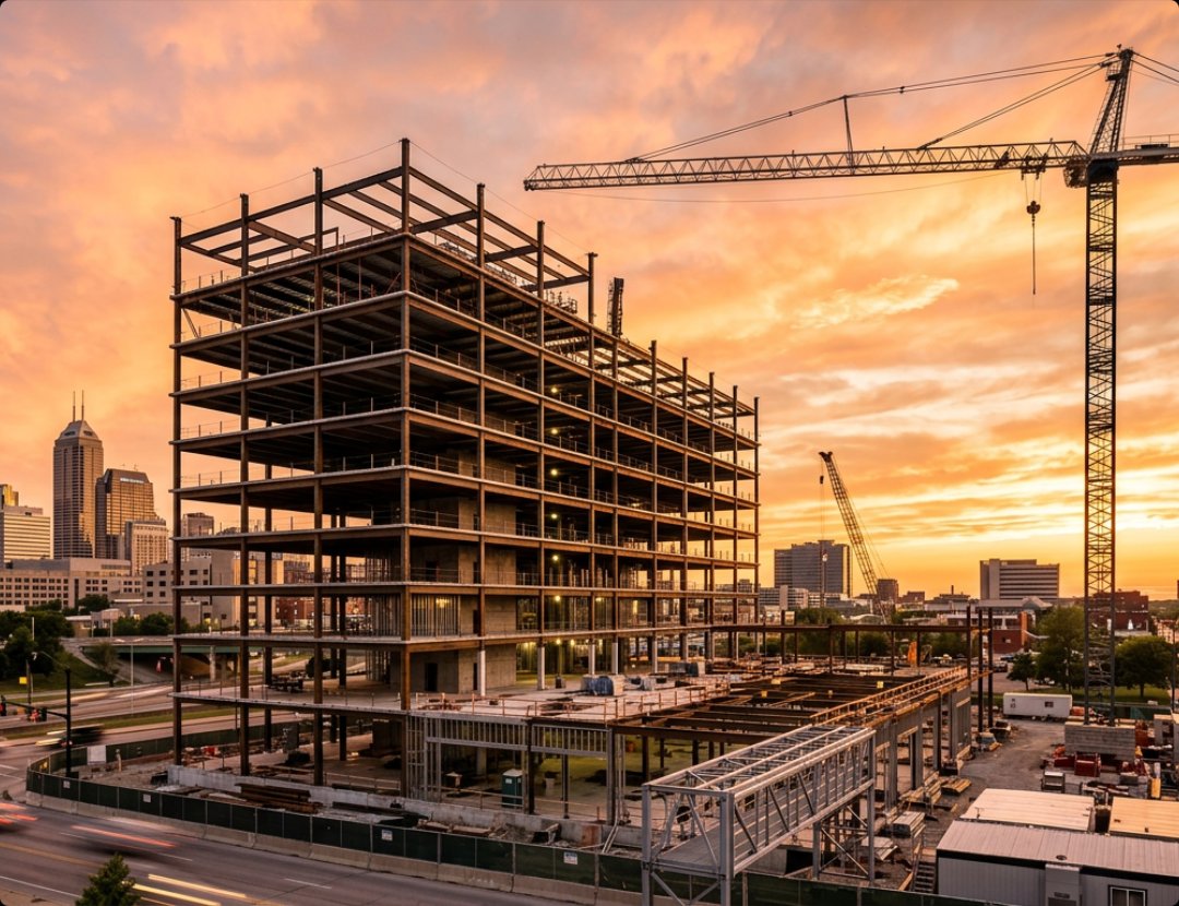MVGeneral construction team reviewing blueprints on a commercial project site in Indianapolis